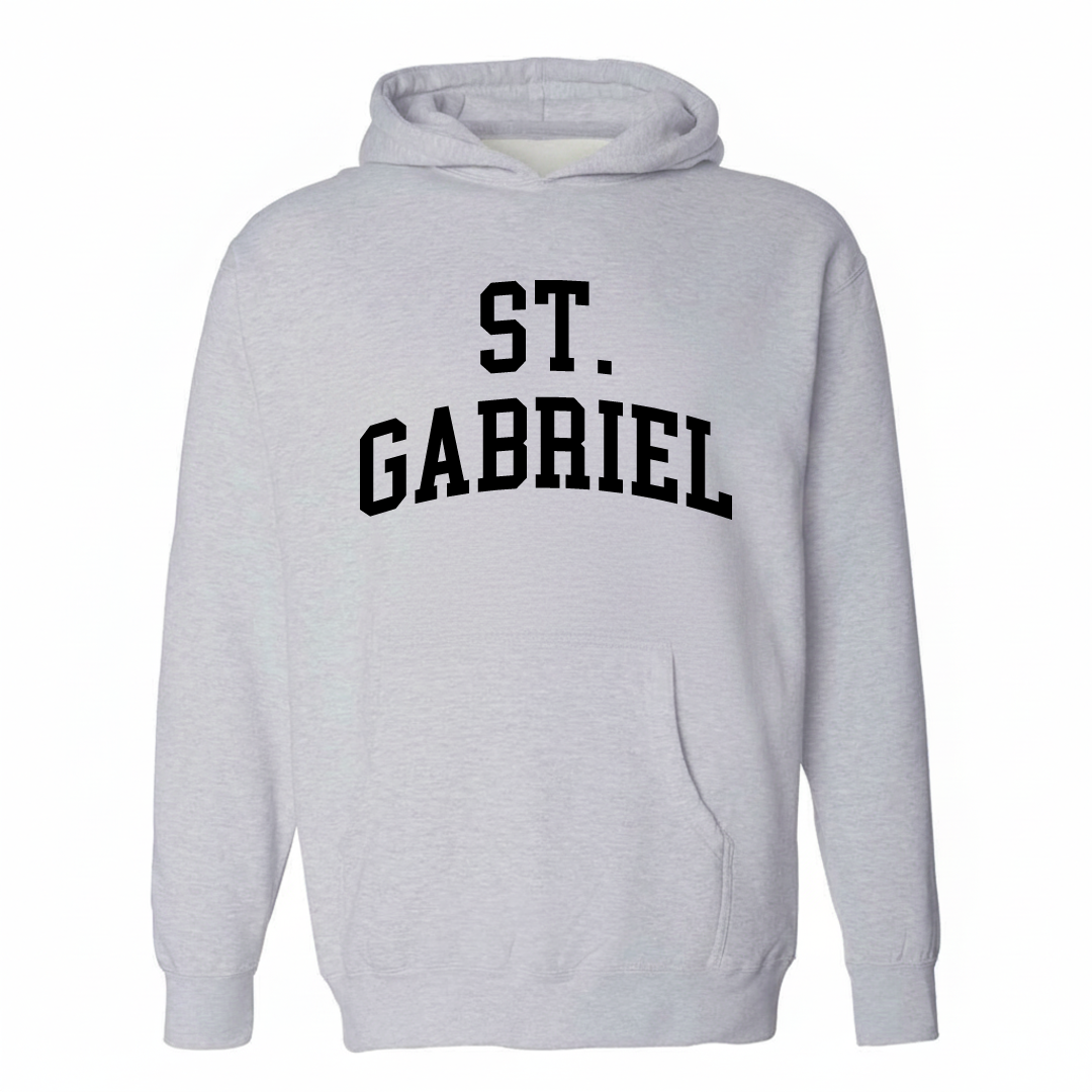Heather-gray hoodie with the St. Gabriel varsity arched lettering design on the chest.