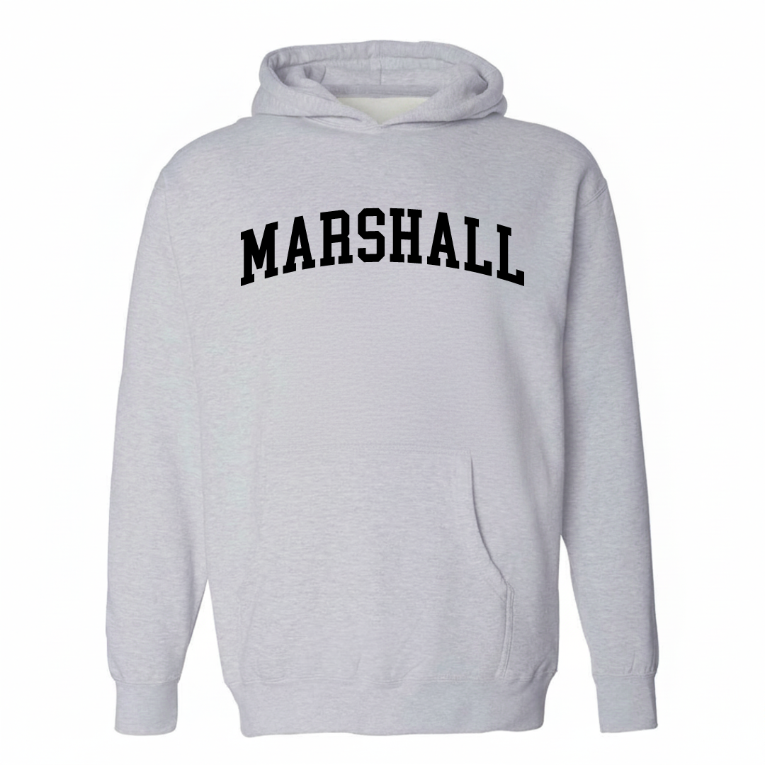 Heather-gray hoodie with the Marshall Township varsity arched lettering design on the chest.