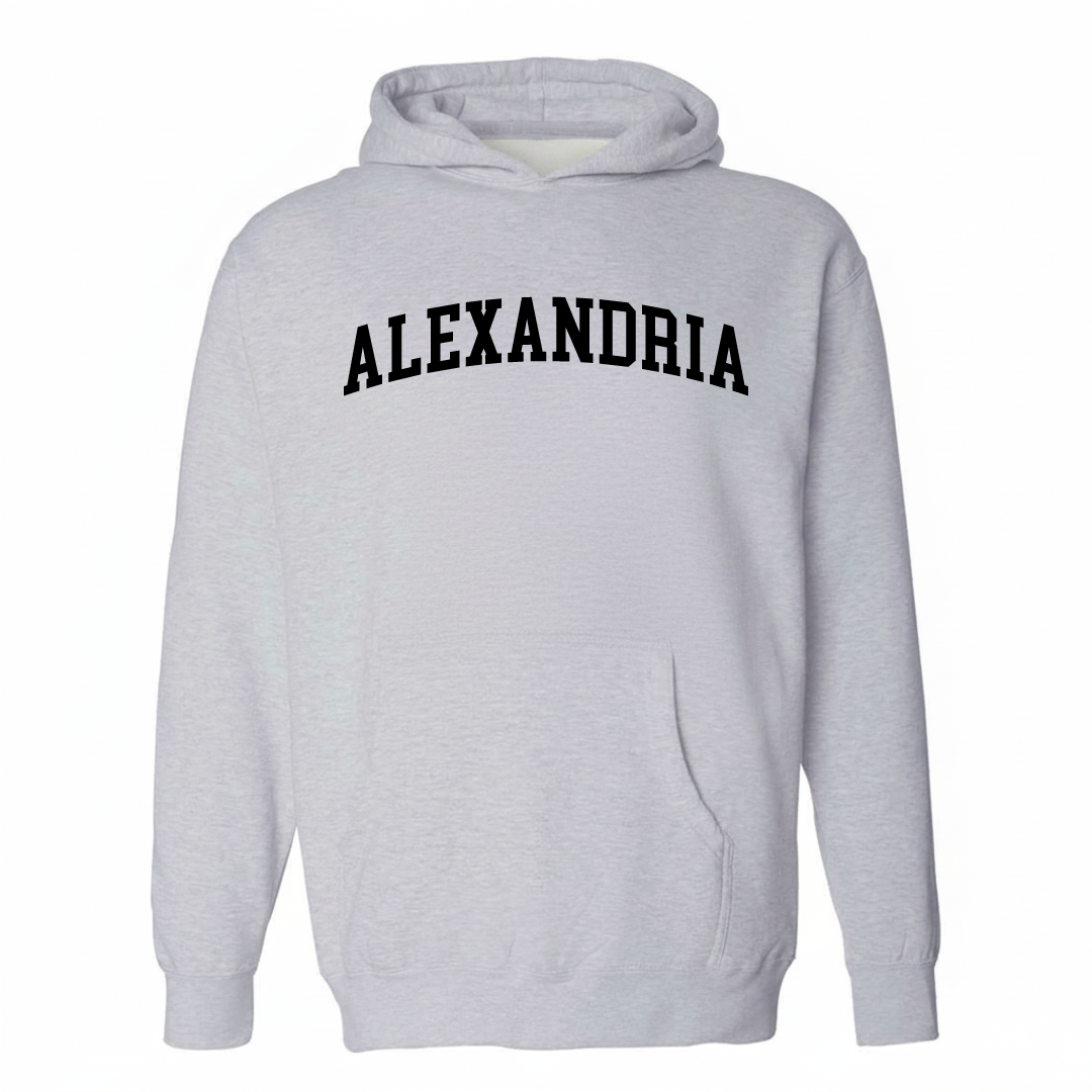 Heather-gray hoodie with the Alexandria varsity arched lettering design on the chest.