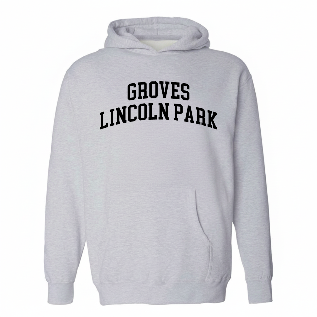 Heather-gray hoodie with the Groves Lincoln Park arched lettering design on the chest.