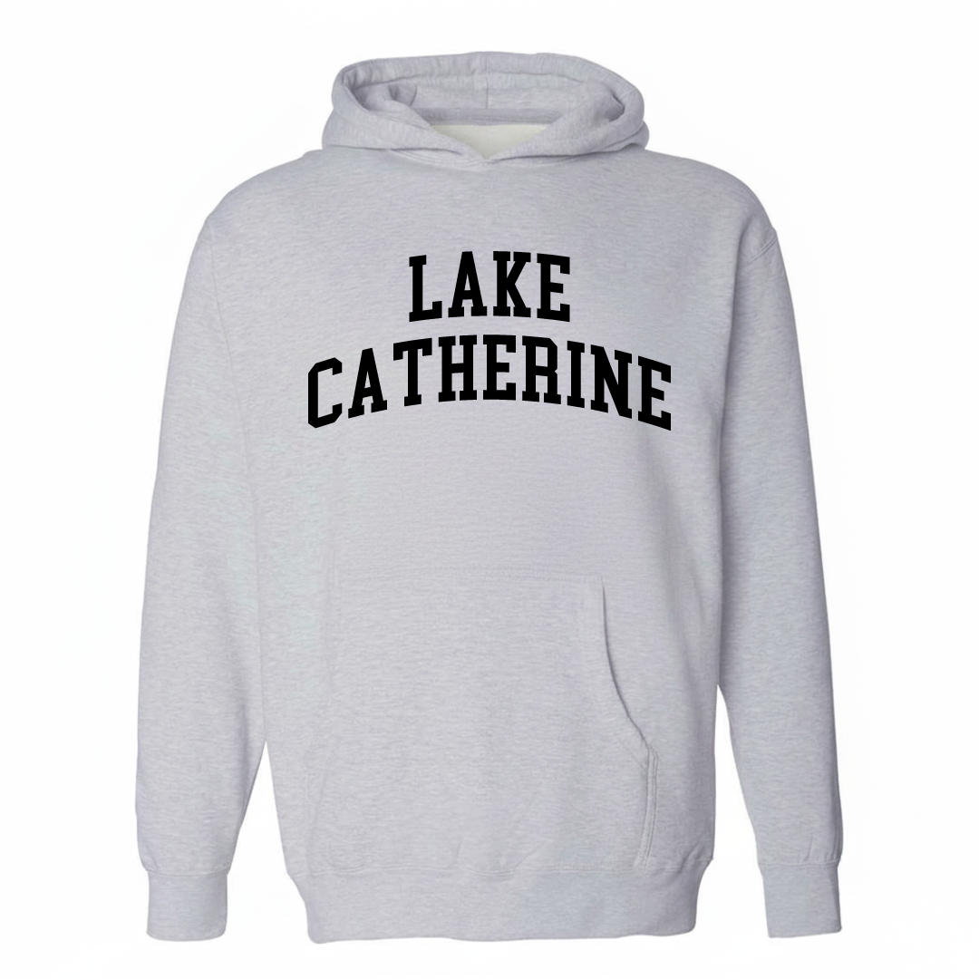 Heather-gray hoodie with the Lake Catherine varsity arched lettering design on the chest.