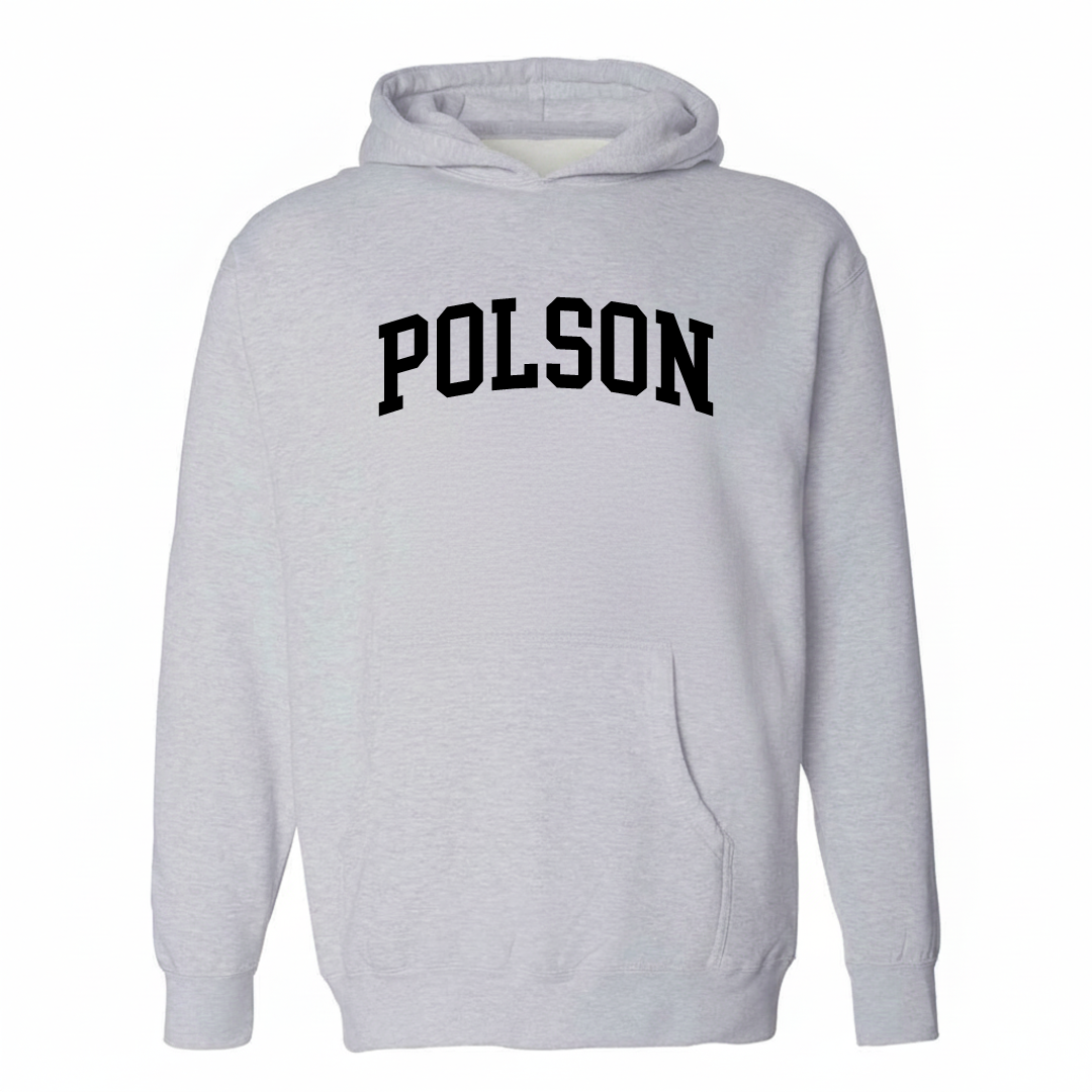 Heather-gray hoodie with the Polson arched varsity lettering design on the chest.