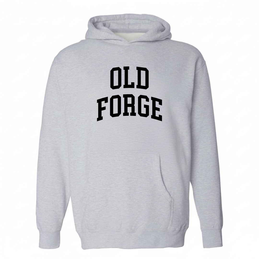 Heather-gray hoodie with the Old Forge varsity arched lettering design on the chest.