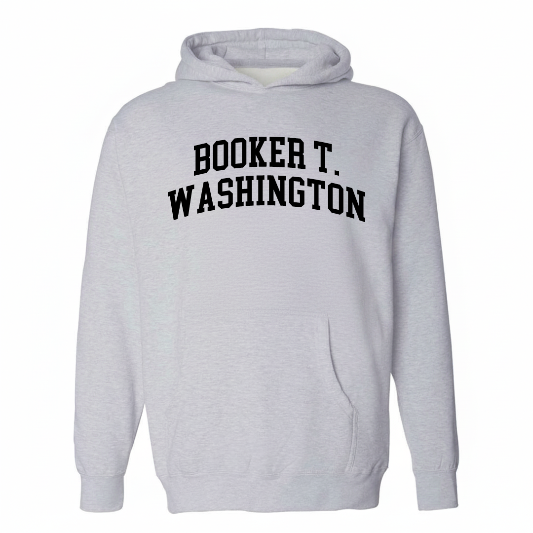 Heather-gray hoodie with the Booker T. Washington varsity arched lettering design on the chest.