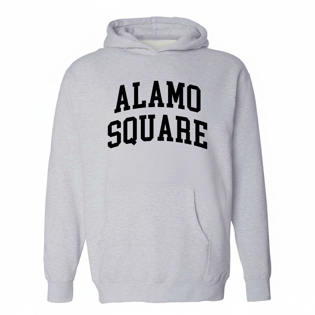 Heather-gray hoodie with the Alamo Square varsity arched lettering design on the chest.