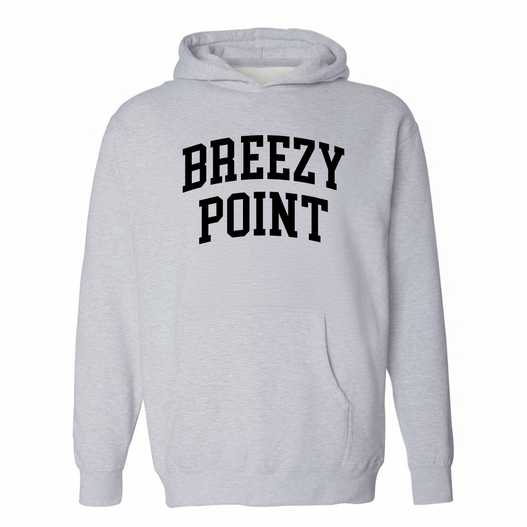 Heather-gray hoodie with the Breezy Point arched varsity lettering design on the chest.