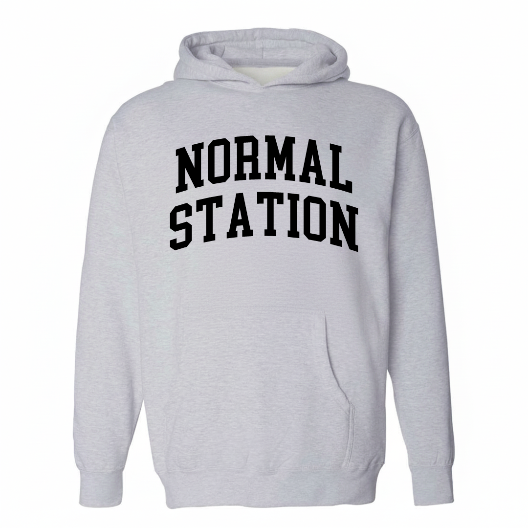 Heather-gray hoodie with the Normal Station arched lettering design on the chest.