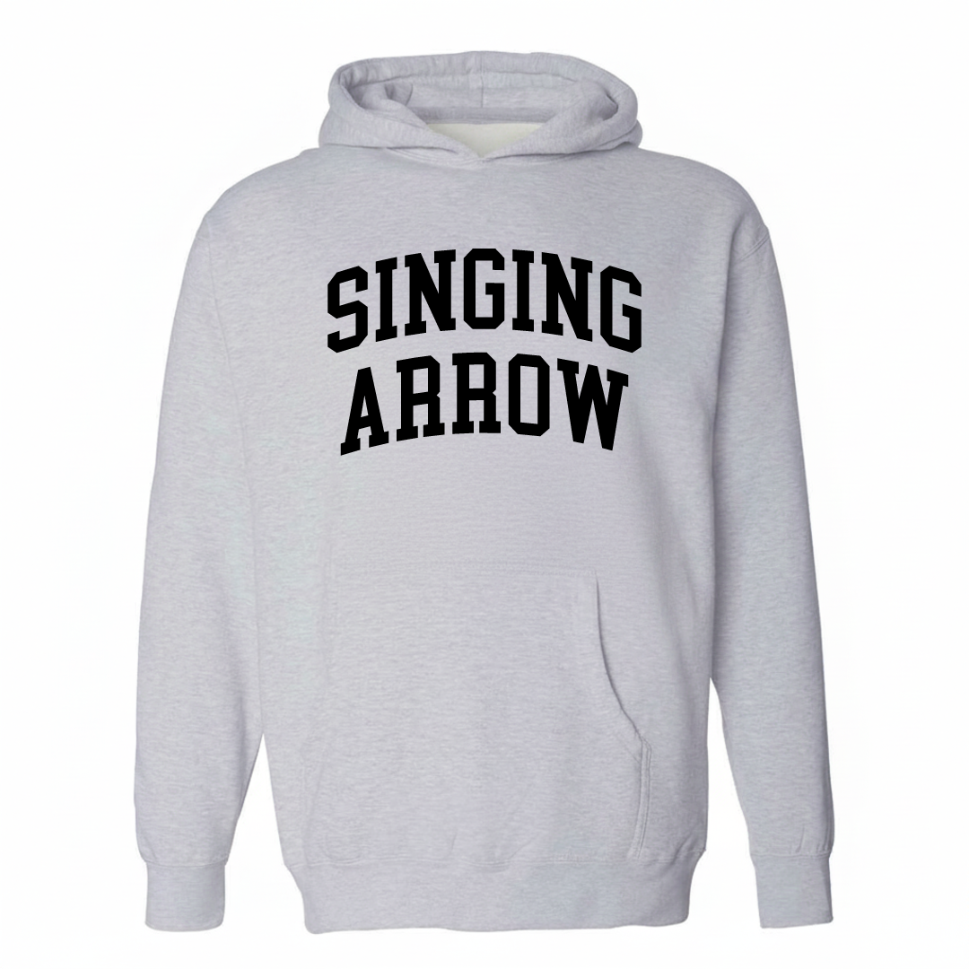 Heather-gray hoodie with the Singing Arrow varsity arched lettering design on the chest.