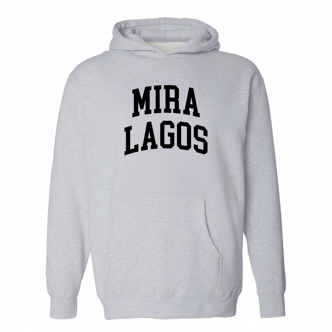 Heather-gray hoodie with the Mira Lagos varsity arched lettering design on the chest.