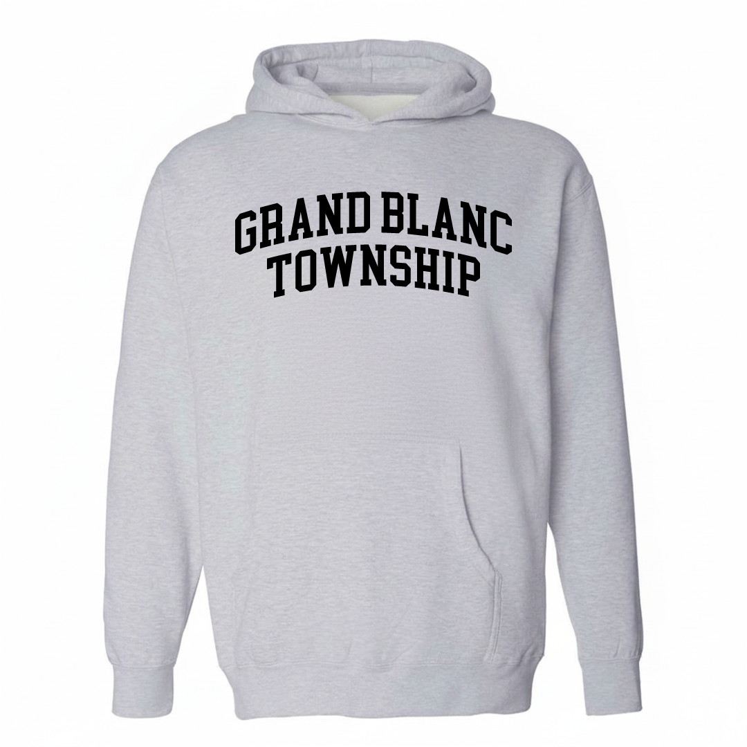 Heather-gray hoodie with the Grand Blanc Township varsity arched lettering design on the chest.