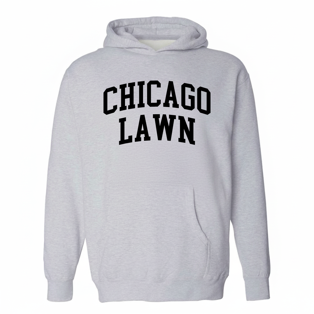 Heather-gray hoodie with the Chicago Lawn arched lettering design on the chest.