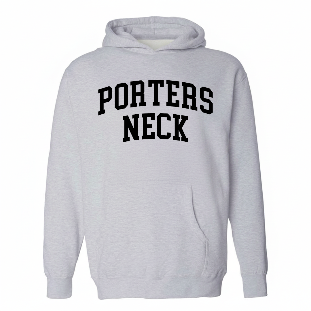 Heather-gray hoodie with the Porters Neck arched lettering design on the chest.