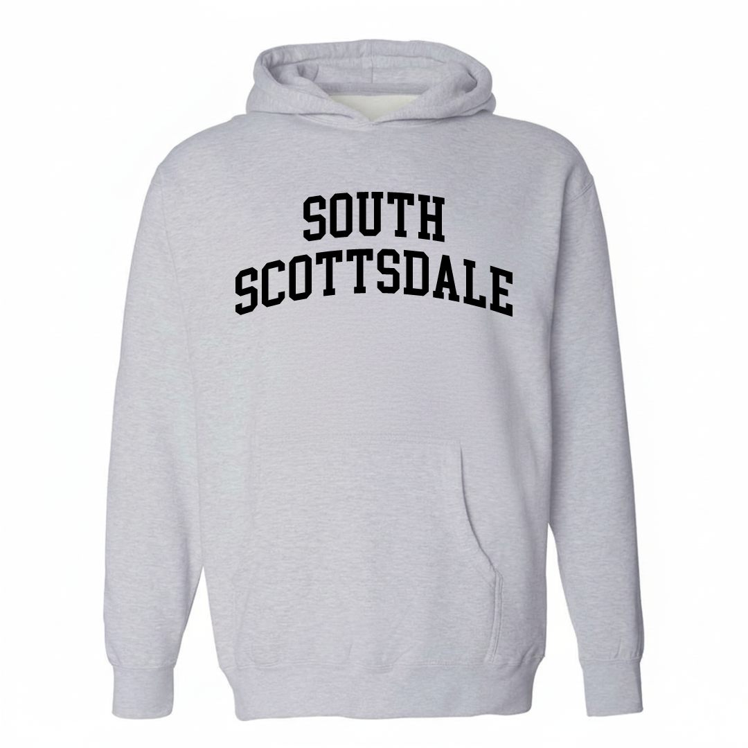 Heather-gray hoodie with the South Scottsdale varsity arched lettering design on the chest.