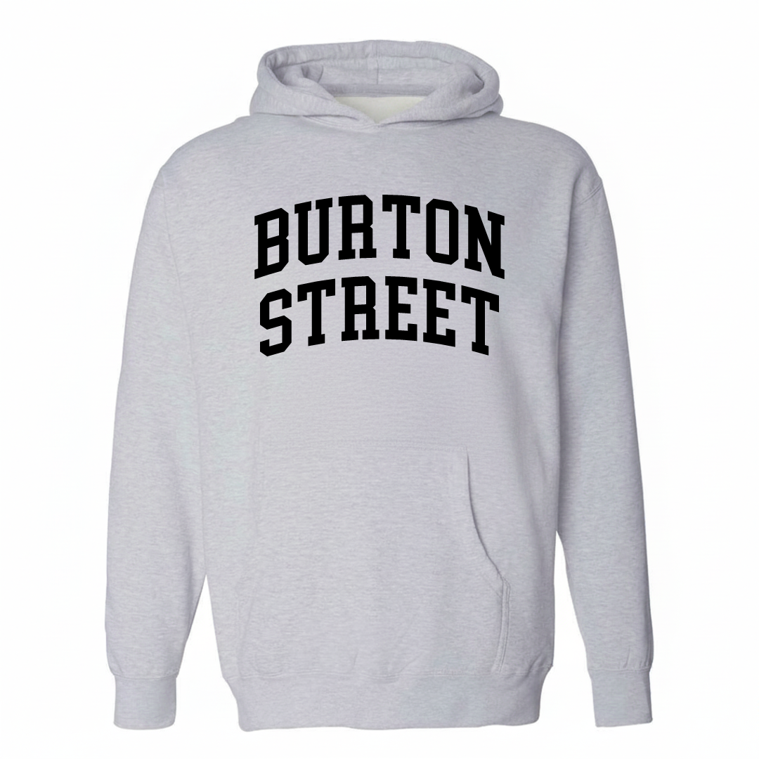 Heather-gray hoodie with the Burton Street arched varsity lettering design on the chest.