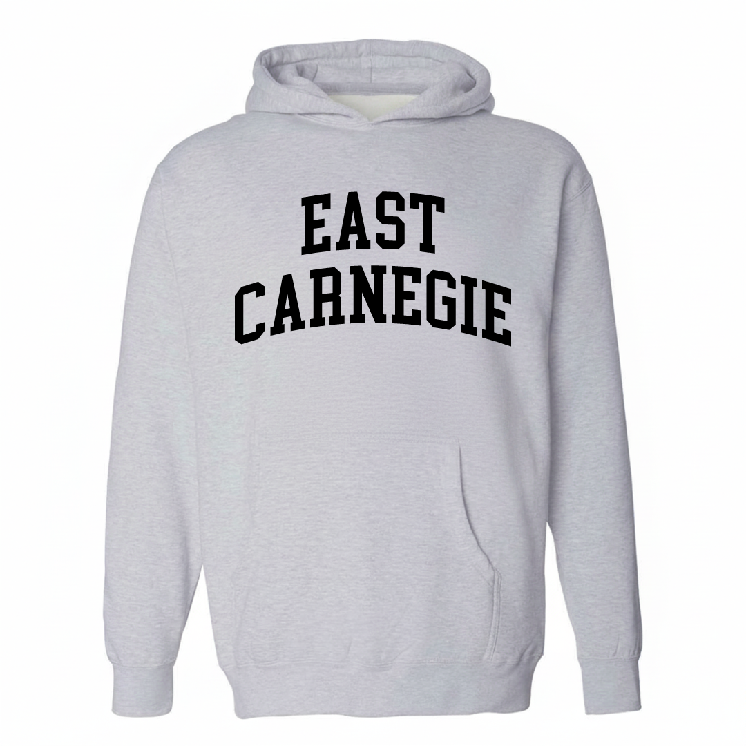 Heather-gray hoodie with the East Carnegie varsity arched lettering design on the chest.
