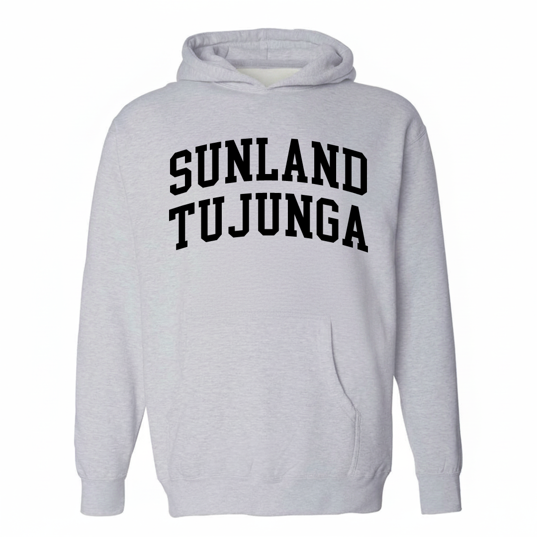 Heather-gray hoodie with the Sunland-Tujunga varsity arched lettering design on the chest.