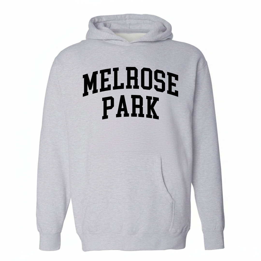 Heather-gray hoodie with the Melrose Park varsity arched lettering design on the chest.