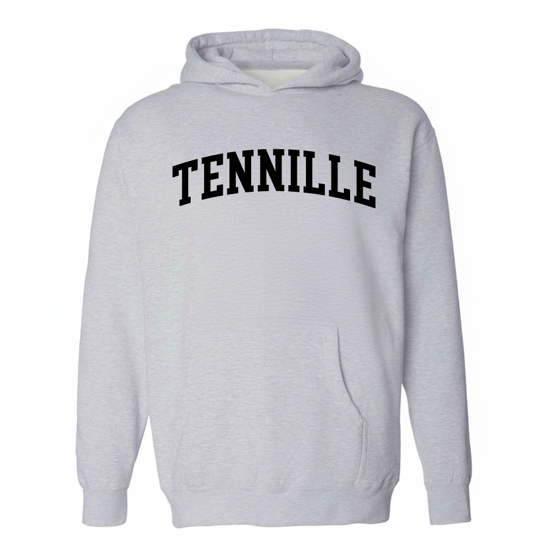 Heather-gray hoodie with the Tennille arched varsity lettering design on the chest.