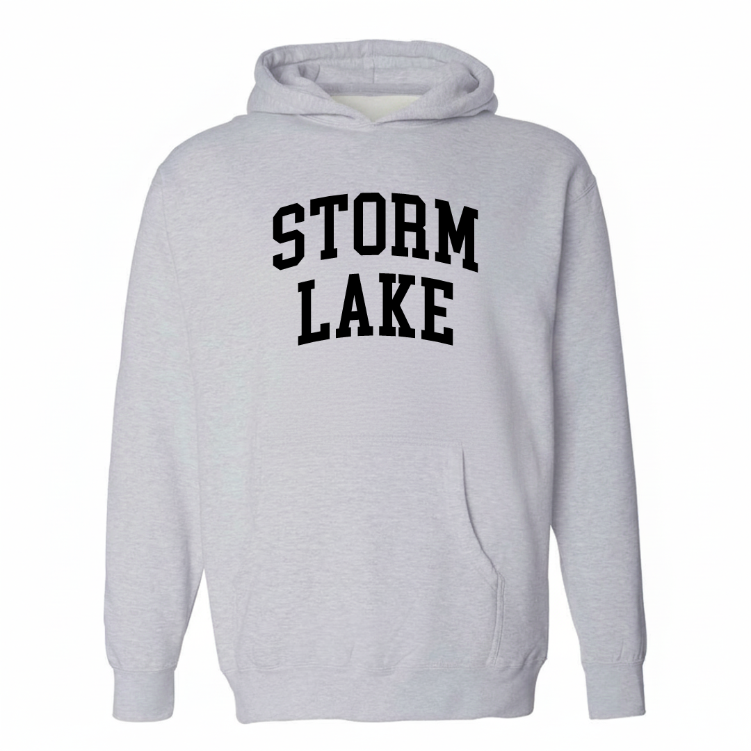 Heather-gray hoodie with the Storm Lake varsity arched lettering design on the chest.