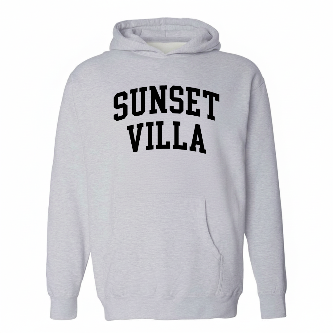 Heather-gray hoodie with the Sunset Villa arched lettering design on the chest.