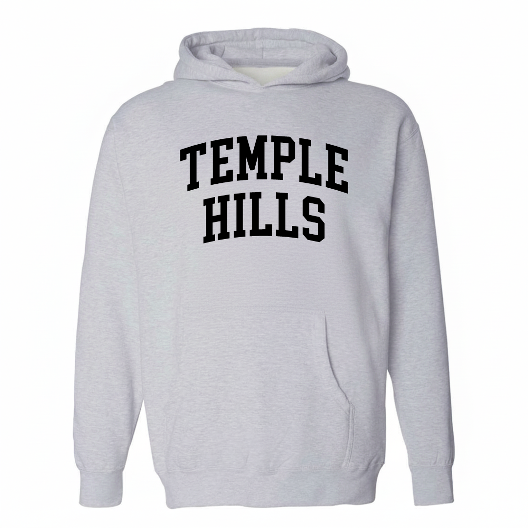 Heather-gray hoodie with the Temple Hills varsity arched lettering design on the chest.