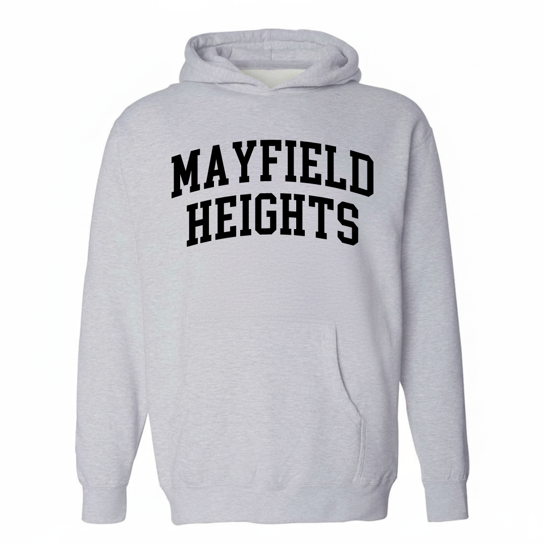 Heather-gray hoodie with the Mayfield Heights varsity arched lettering design on the chest.
