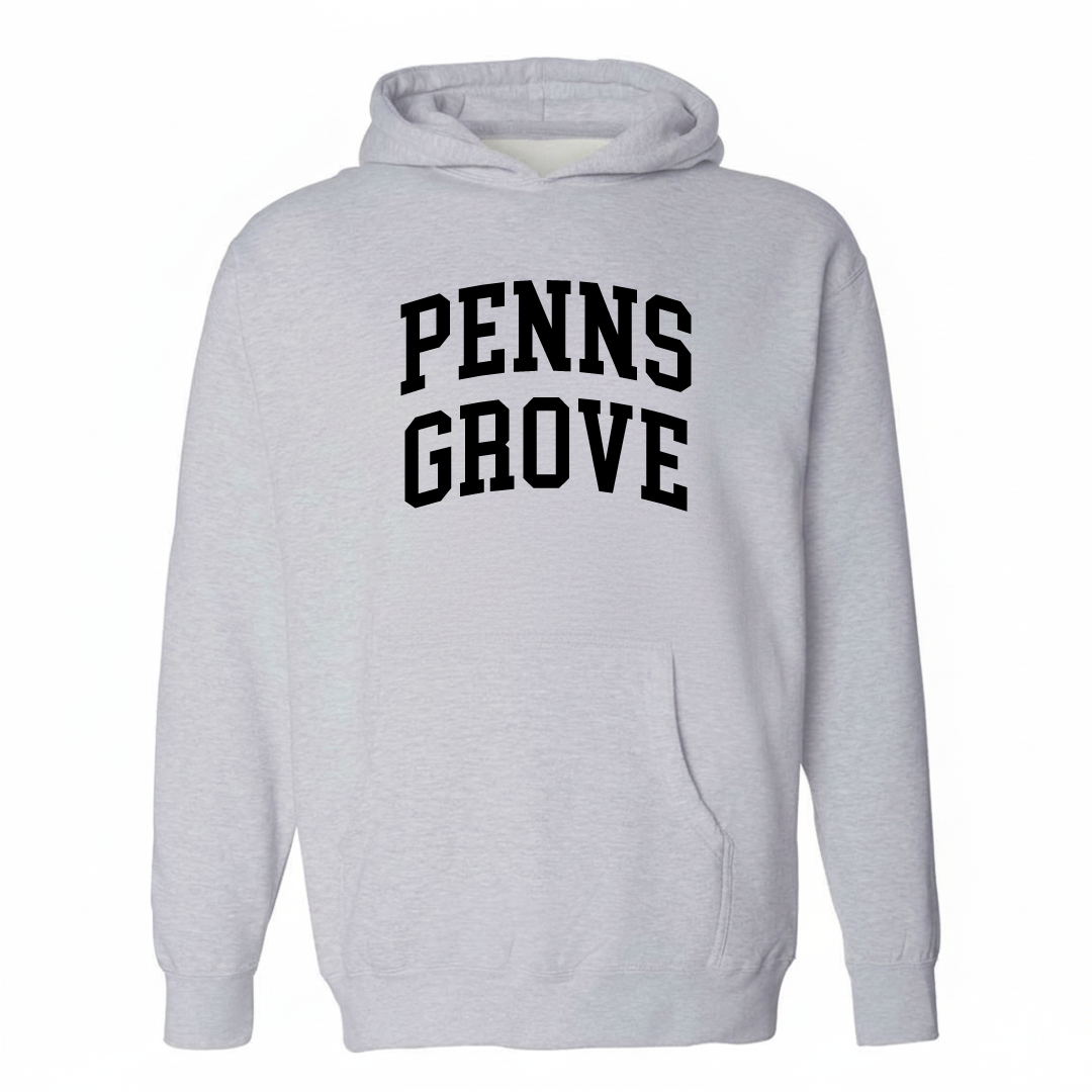Heather-gray hoodie with the Penns Grove varsity arched lettering design on the chest.
