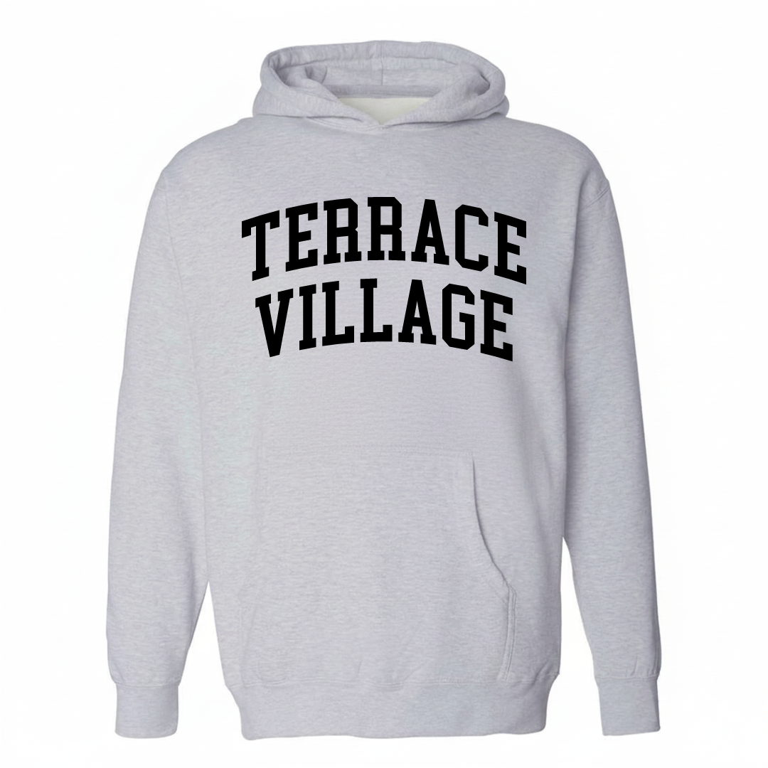 Heather-gray hoodie with the Terrace Village arched lettering design on the chest.