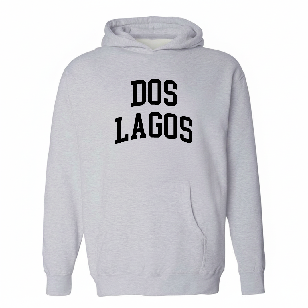 Heather-gray hoodie with the Dos Lagos arched varsity lettering design on the chest.