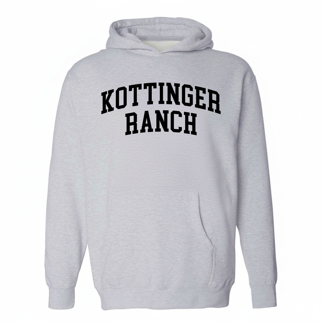 Heather-gray hoodie with the Kottinger Ranch varsity arched lettering design on the chest.