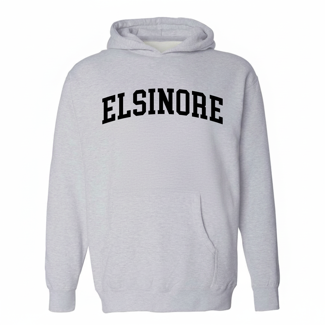 Heather-gray hoodie with the Elsinore arched varsity lettering design on the chest.