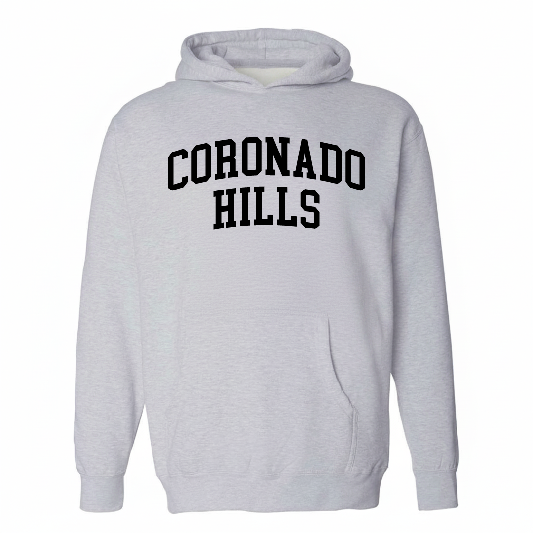 Heather-gray hoodie with the Coronado Hills varsity arched lettering design on the chest.