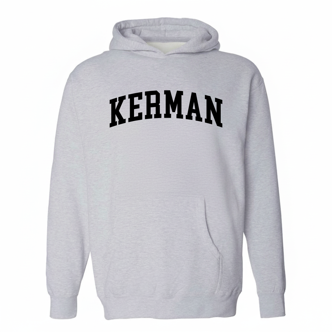 Heather-gray hoodie with the Kerman varsity arched lettering design on the chest.