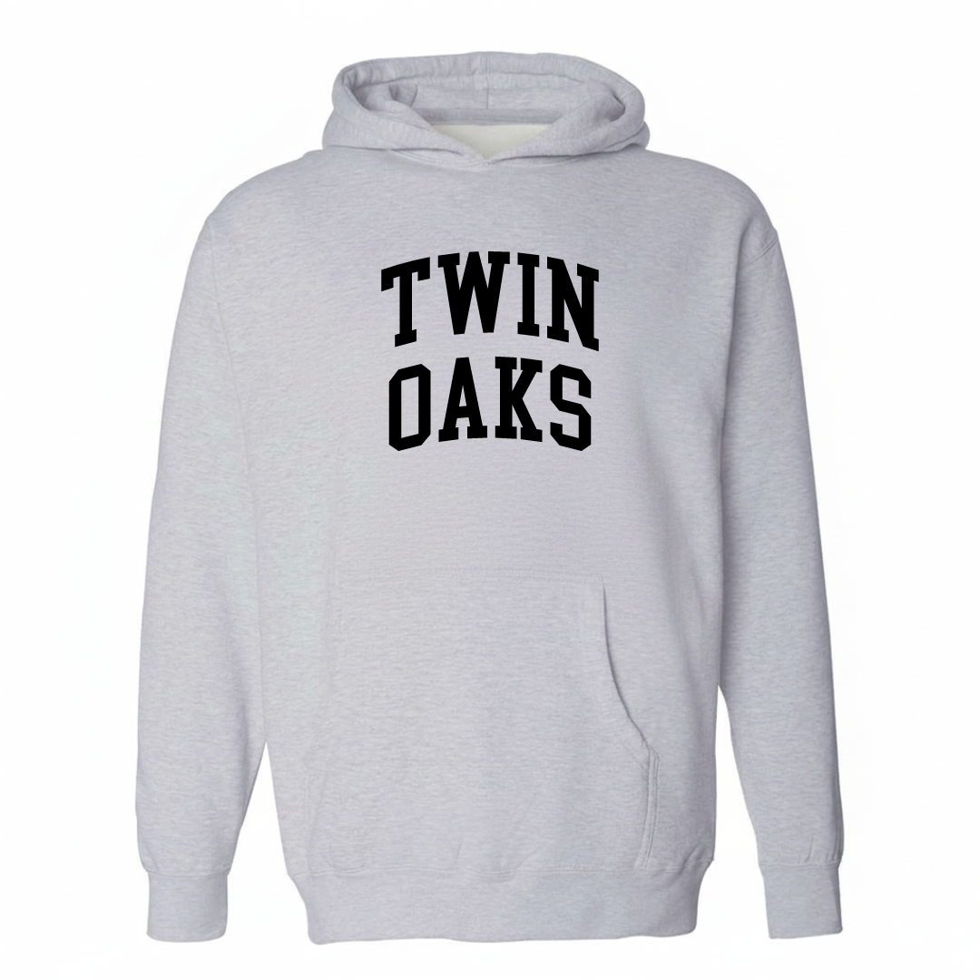 Heather-gray hoodie with the Twin Oaks varsity arched lettering design on the chest.