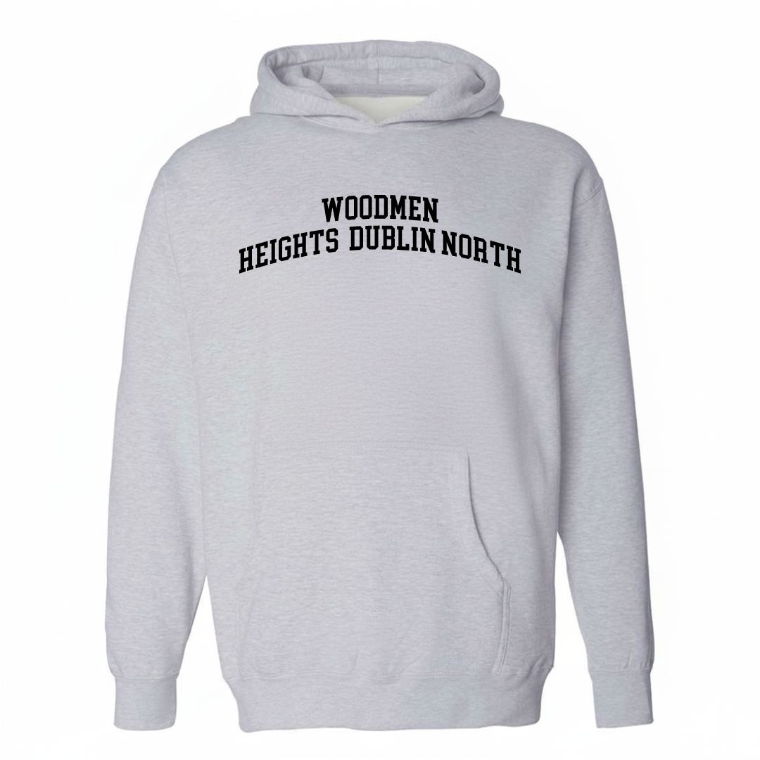 Heather-gray hoodie with the Woodmen Heights Dublin North varsity arched lettering design on the chest.