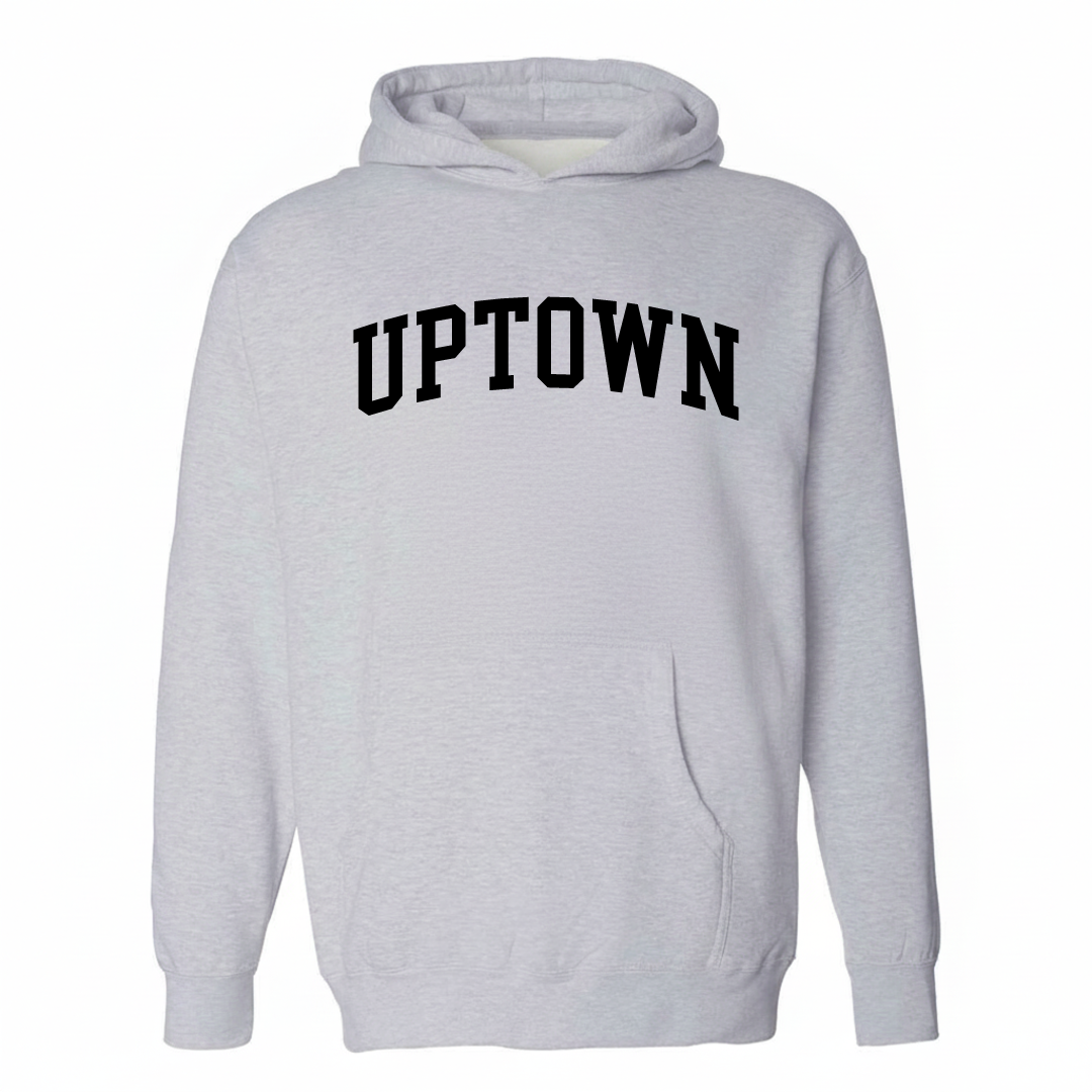 Heather-gray hoodie with the Uptown Memphis varsity arched lettering design on the chest.