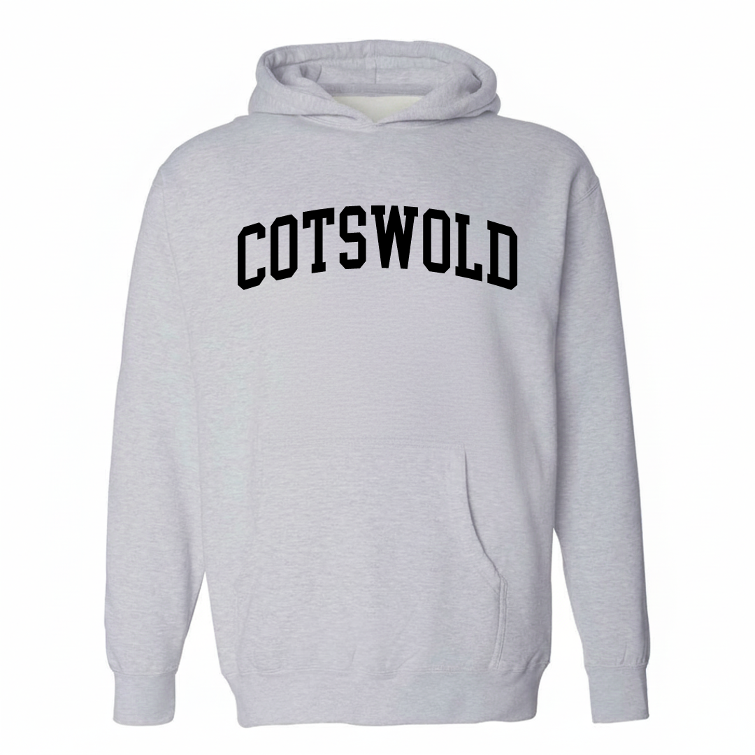 Heather-gray hoodie with the Cotswold varsity arched lettering design on the chest.
