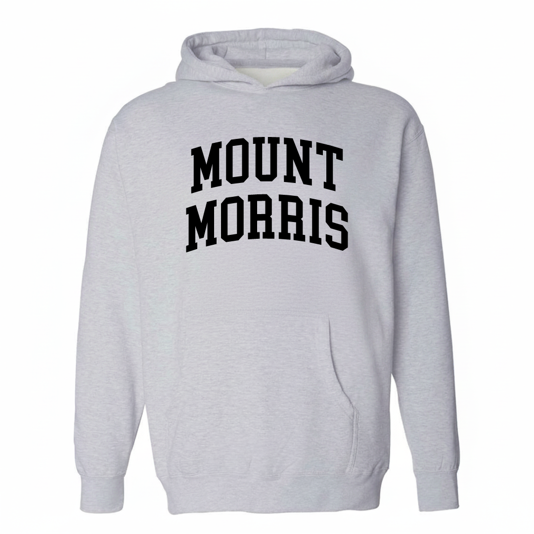 Heather-gray hoodie with the Mount Morris varsity arched lettering design on the chest.