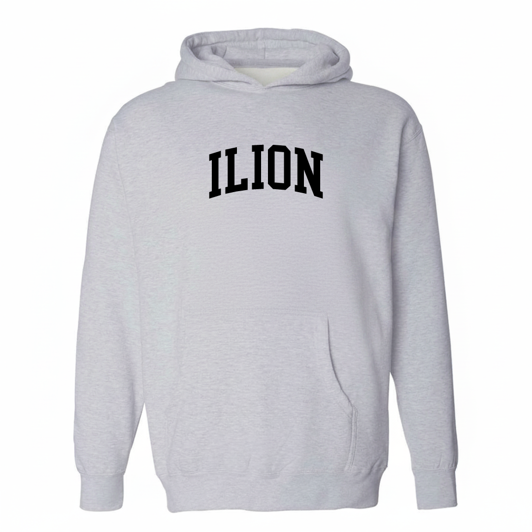 Heather-gray hoodie with the Ilion arched varsity lettering design on the chest.