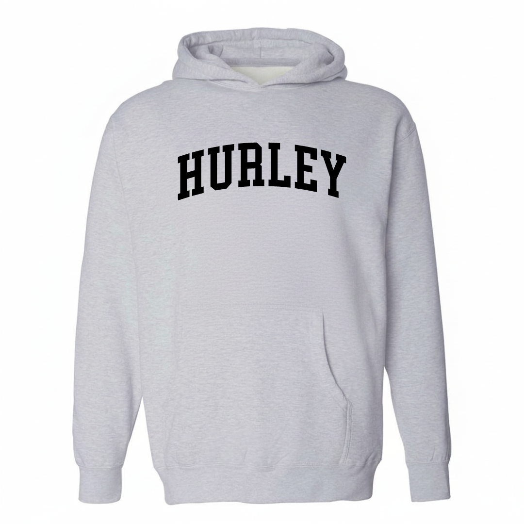 Heather-gray hoodie with the Hurley arched varsity lettering design on the chest.