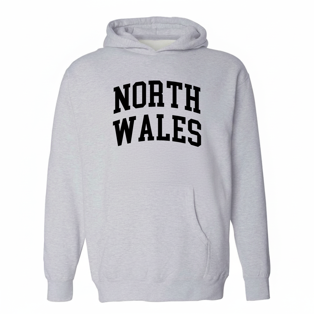 Heather-gray hoodie with the North Wales arched lettering varsity-collegiate design on the chest.