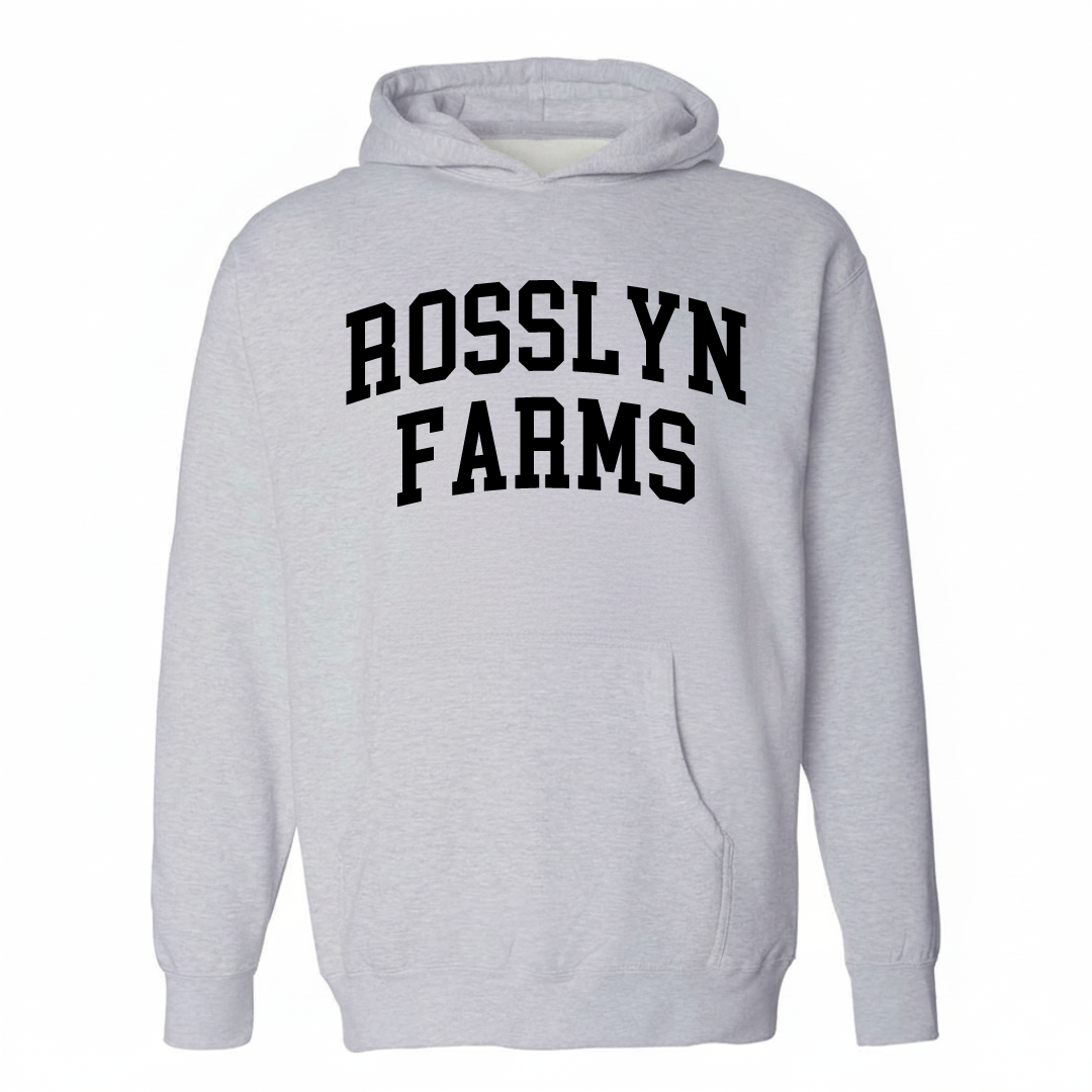 Heather-gray hoodie with the Rosslyn Farms varsity arched lettering design on the chest.