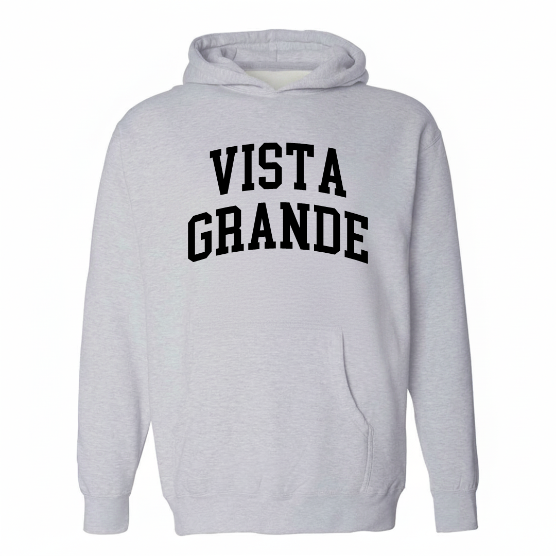 Heather-gray hoodie with the Vista Grande arched varsity lettering design on the chest.