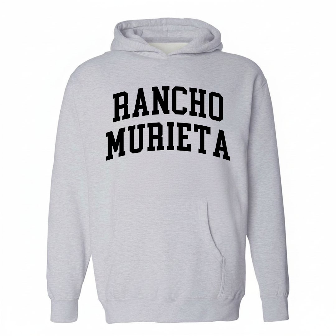 Heather-gray hoodie with the Rancho Murieta arched lettering design on the chest.