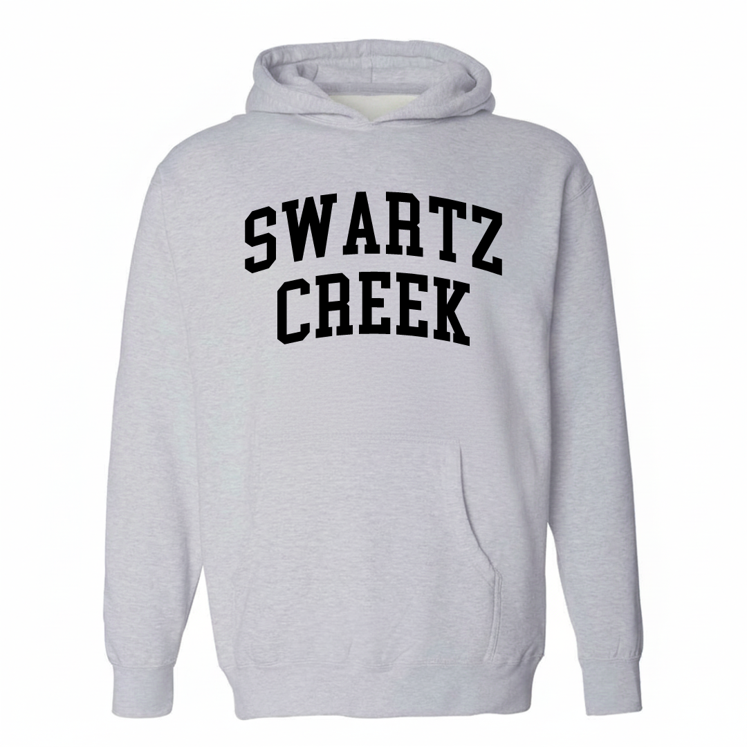 Heather-gray hoodie with the Swartz Creek varsity arched lettering design on the chest.