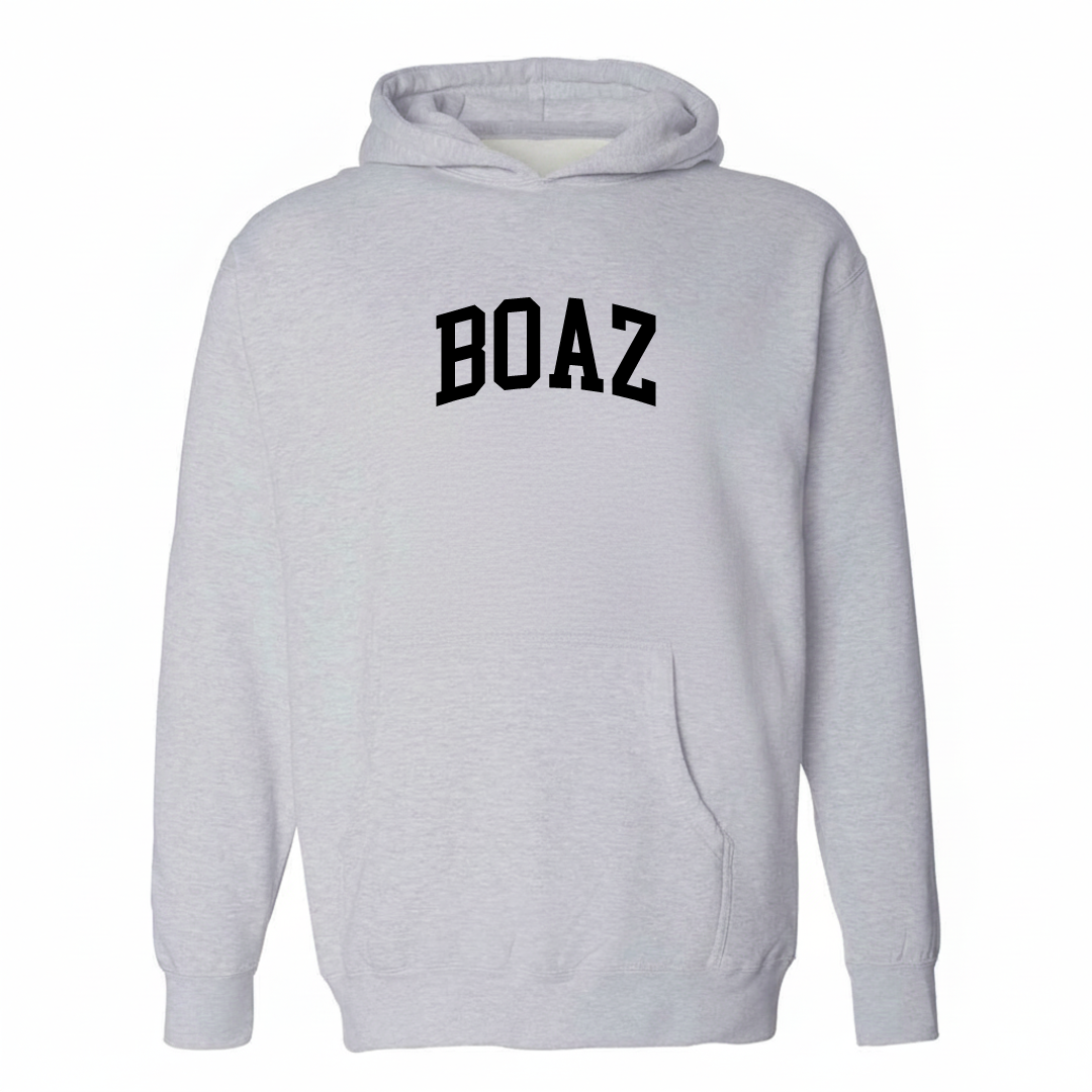 Heather-gray hoodie with the Boaz arched varsity lettering design on the chest.