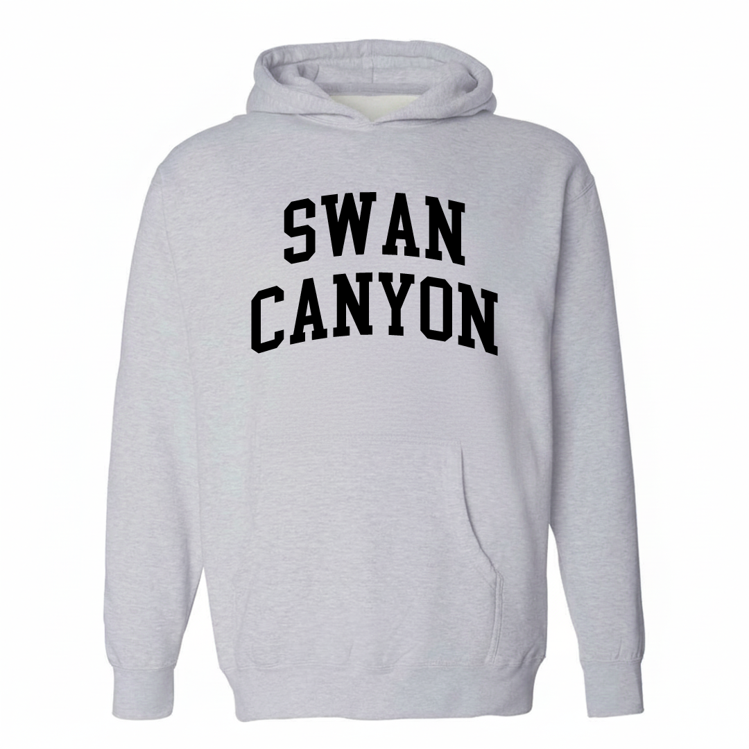 Heather-gray hoodie with the Swan Canyon varsity arched lettering design on the chest.