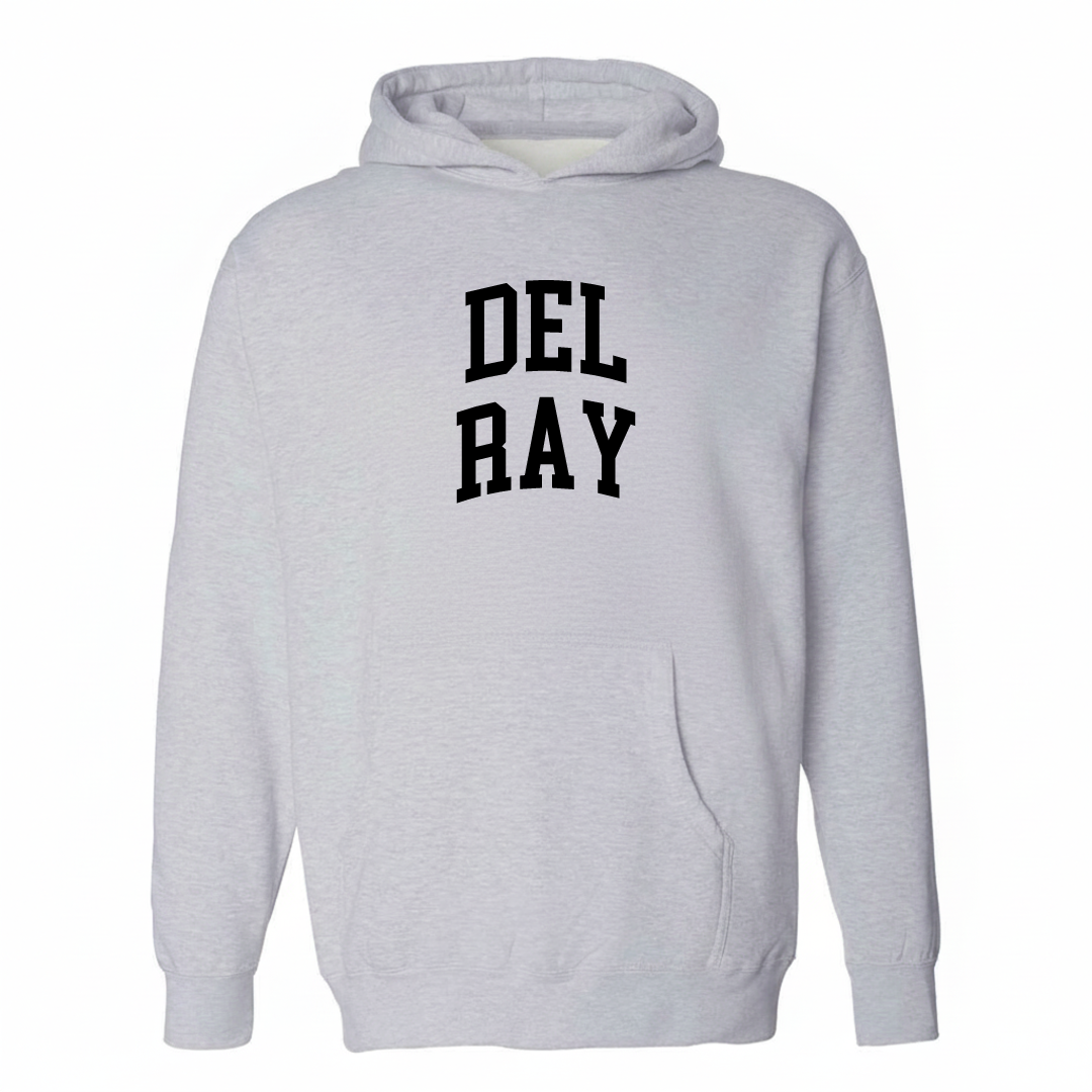 Heather-gray hoodie with the Del Ray varsity arched lettering design on the chest.