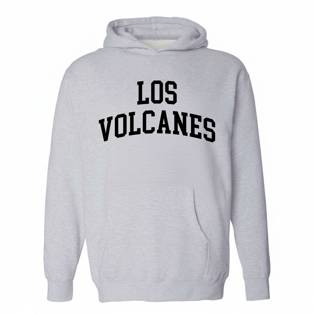 Heather-gray hoodie with the Los Volcanes arched lettering design on the chest.
