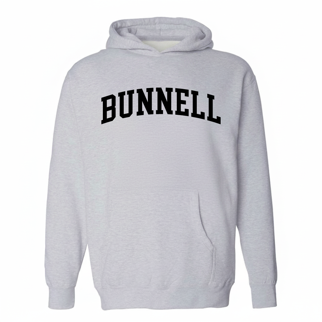 Heather-gray hoodie with the Bunnell varsity arched lettering design on the chest.